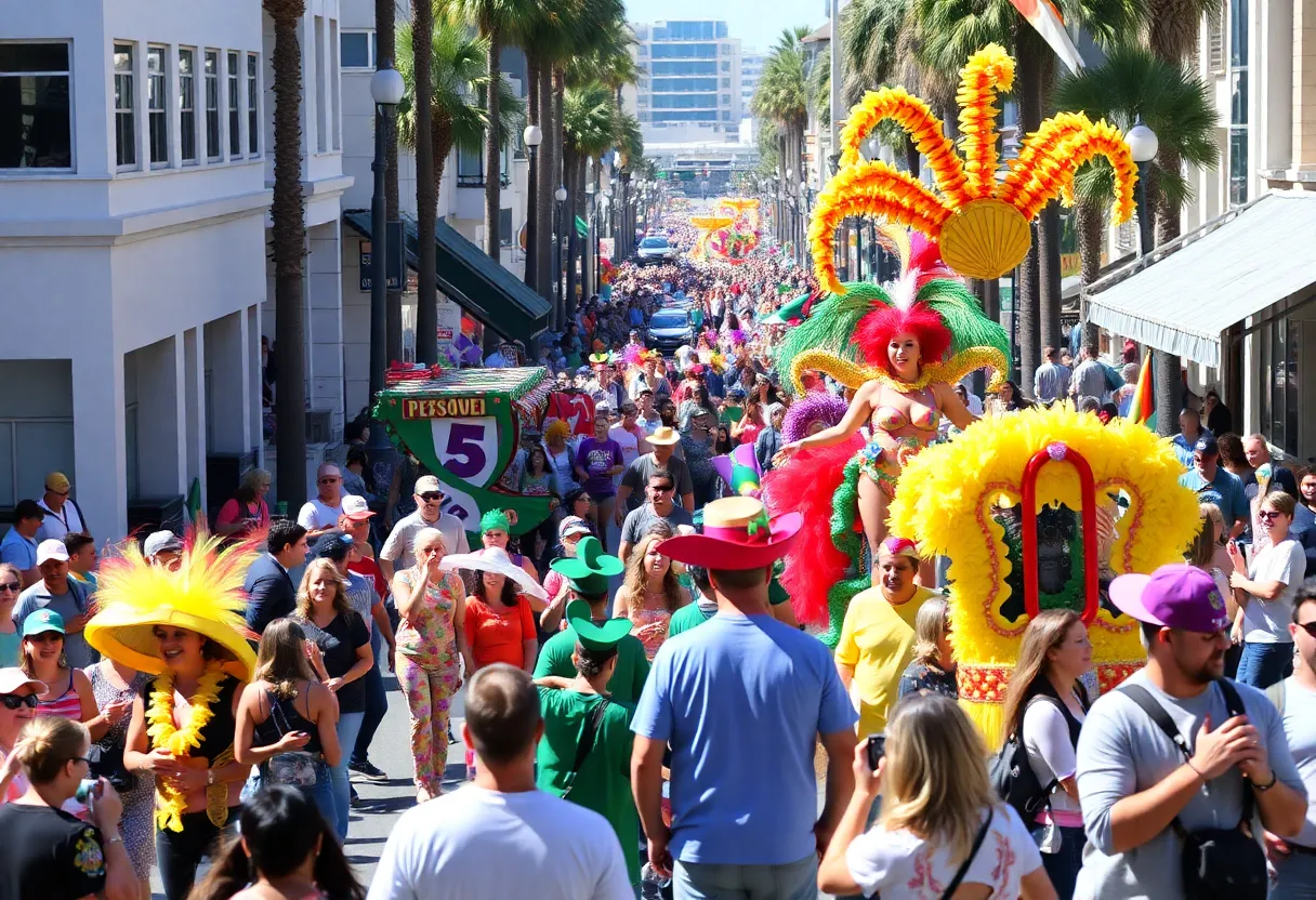 Crowd celebrating Mardi Gras in San Diego with costumes and floats.