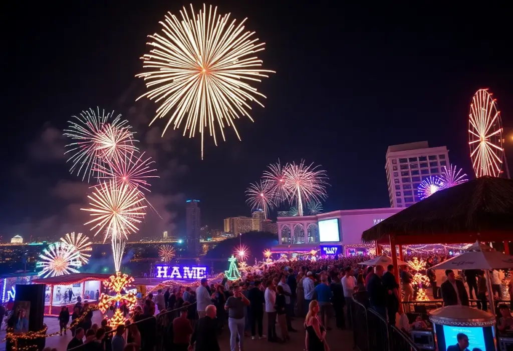 Fireworks lighting up the San Diego skyline during New Year's Eve celebration.