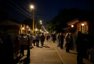 A nighttime view of Ocean Beach in San Diego, illustrating community and safety themes.