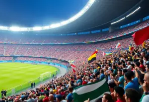 Soccer fans cheering in the stadium during Olympic matches in San Diego.
