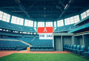 San Diego Padres stadium with empty seats and a 'For Sale' sign in front of a player's locker
