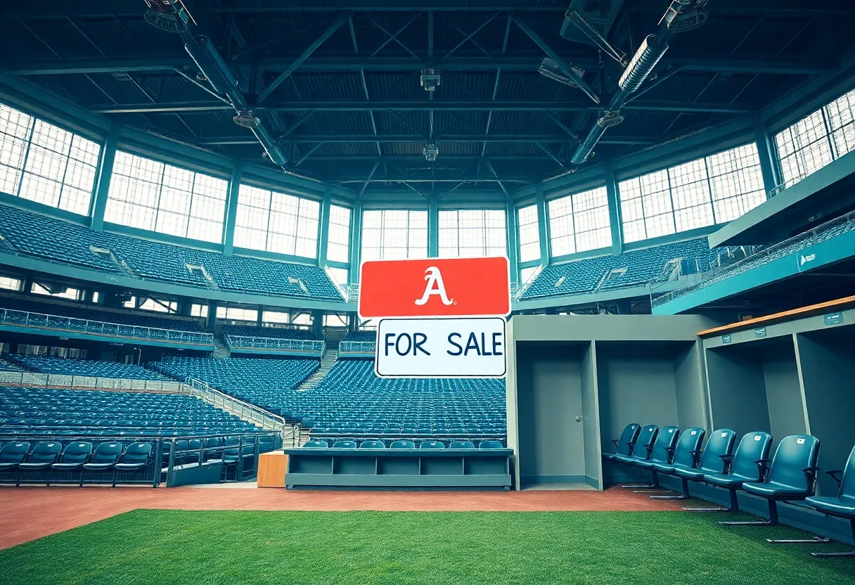 San Diego Padres stadium with empty seats and a 'For Sale' sign in front of a player's locker