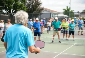 Participants engaging in a lively pickleball tournament in San Diego.
