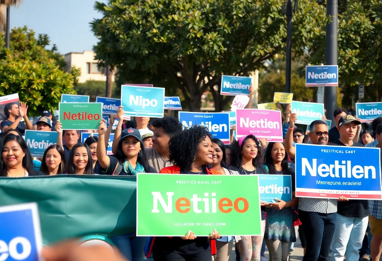 A diverse group of people engaging in a political campaign in San Diego.