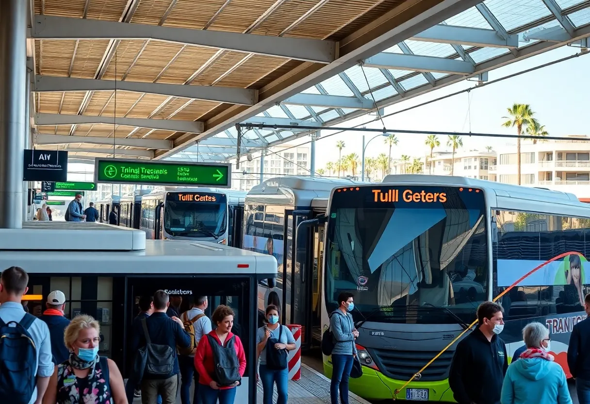 Modern public transit station in San Diego with busy passengers and buses.