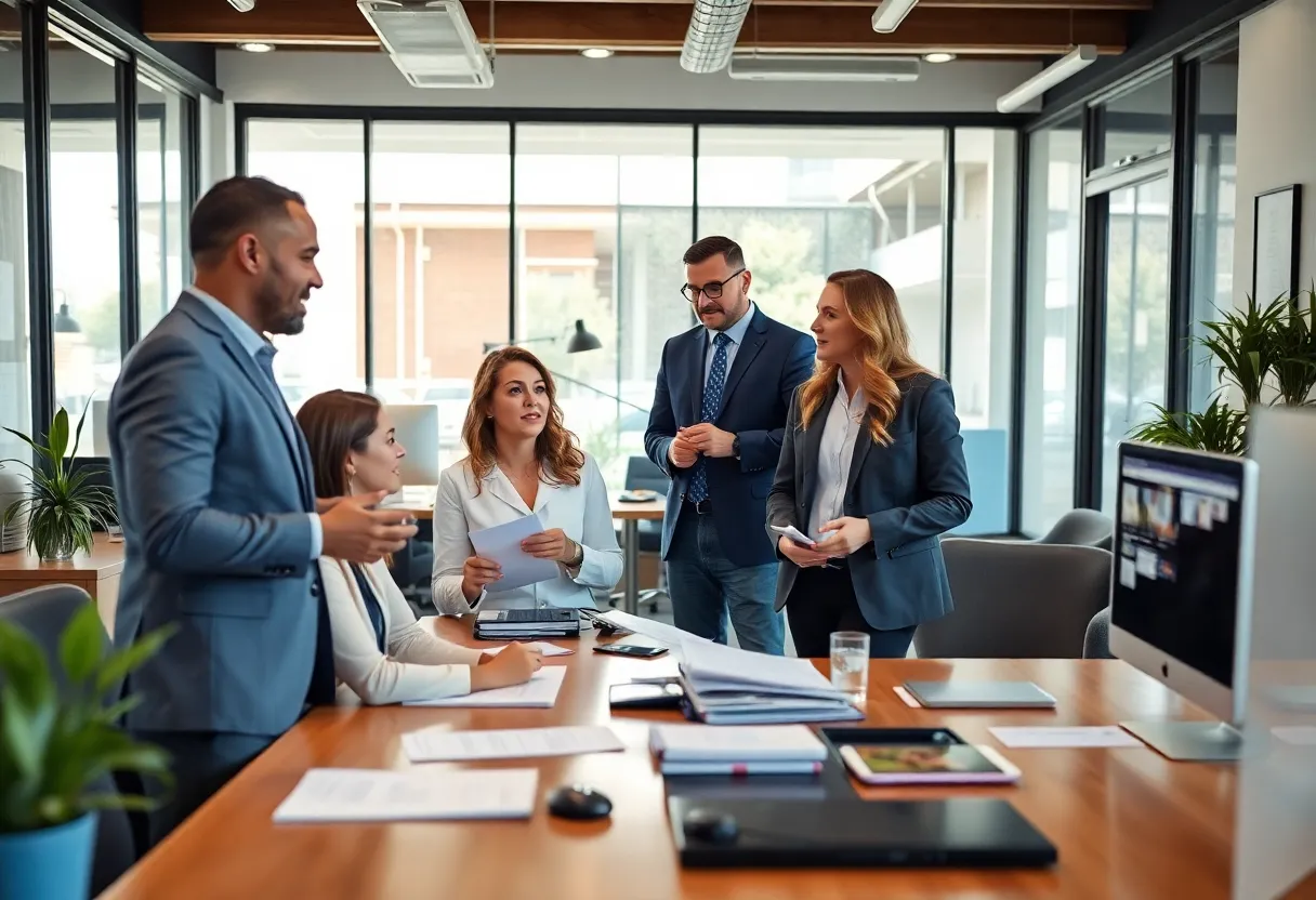 Agents discussing properties in a busy San Diego real estate office.