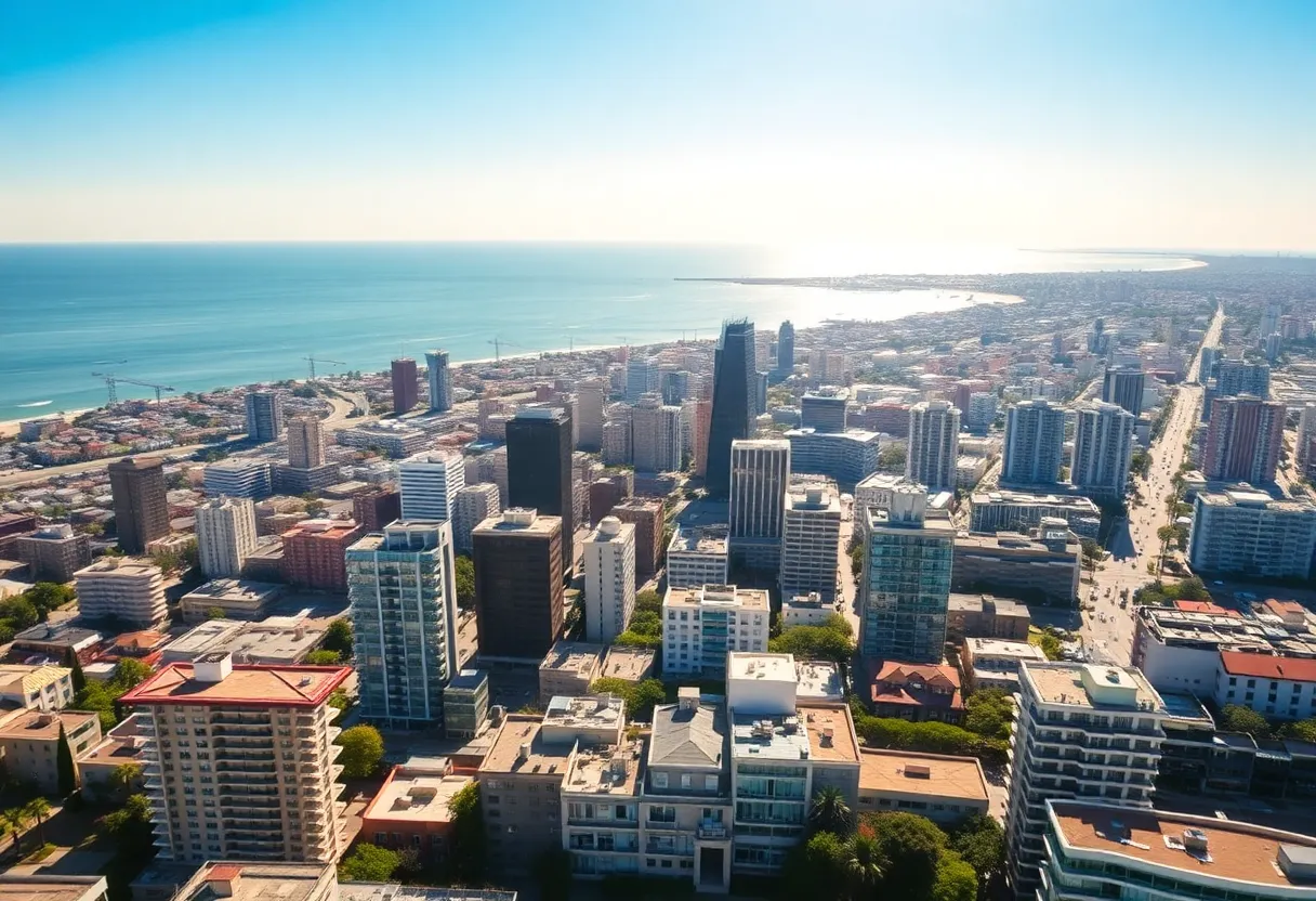 San Diego skyline with coastal views and bustling real estate activities.