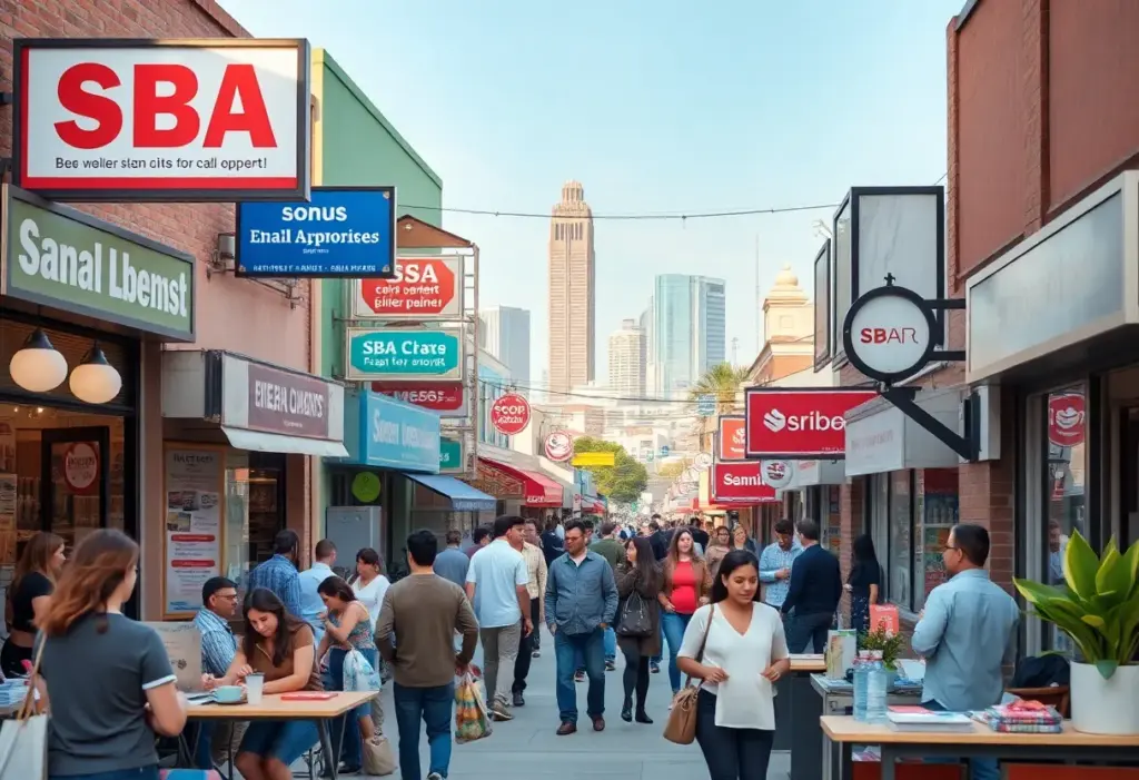 A vibrant small business area in San Diego with various shops and entrepreneurs.