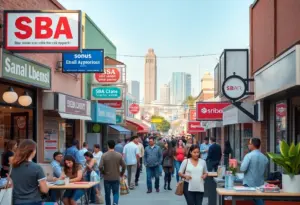 A vibrant small business area in San Diego with various shops and entrepreneurs.
