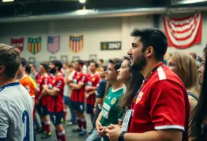 Fans celebrating at the San Diego Sockers Throwback Night with throwback uniforms.