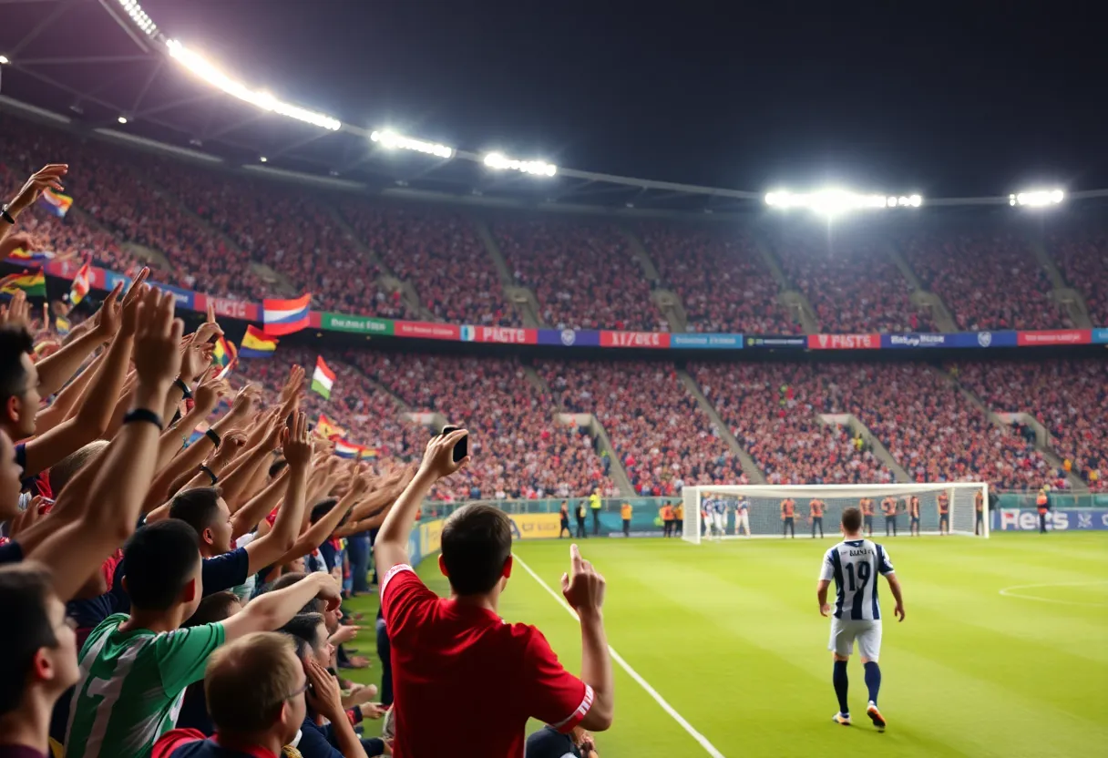 Soccer fans at San Diego Stadium during an exciting match.