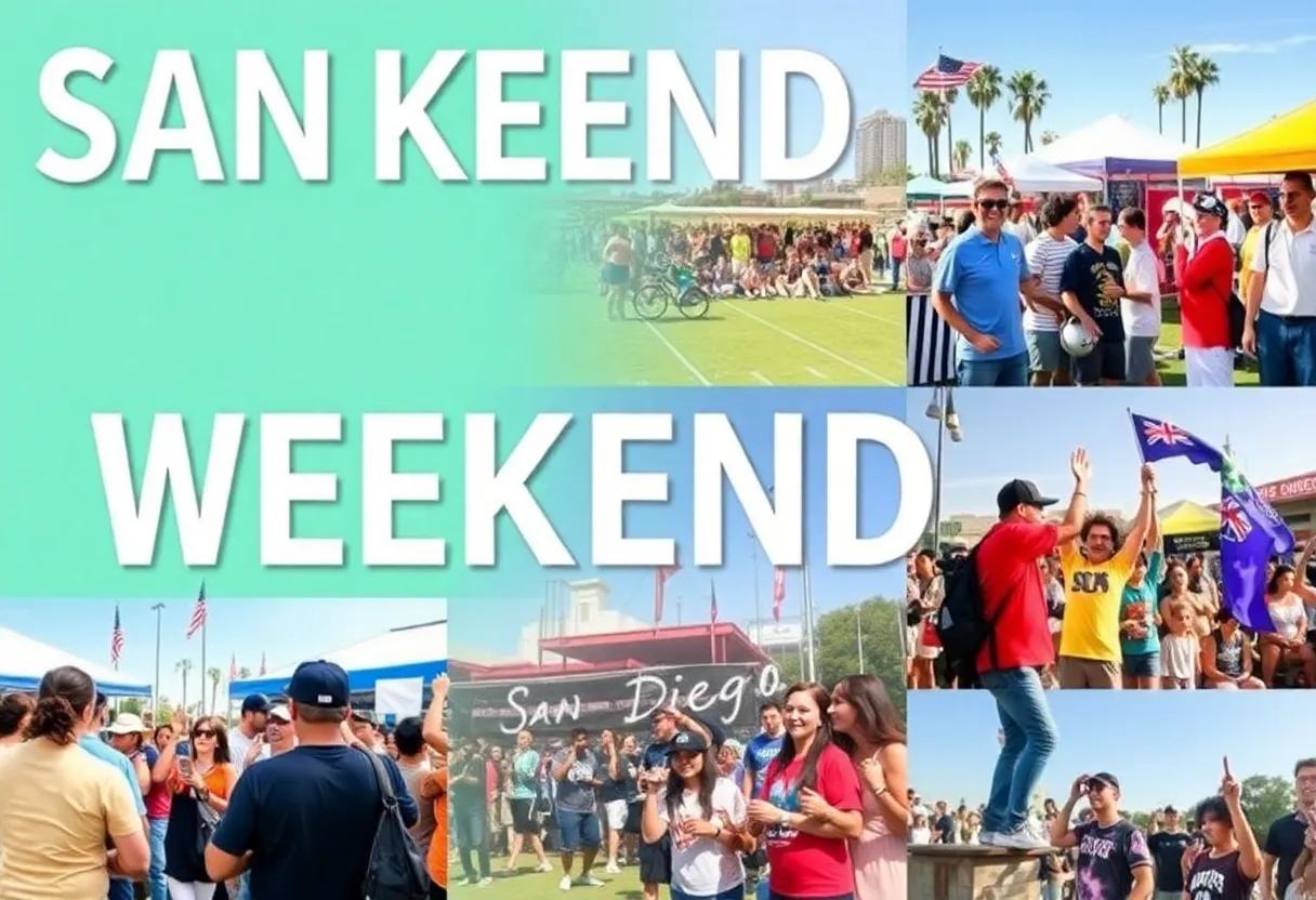 Collage of weekend events in San Diego, including cultural celebrations and sports activities.