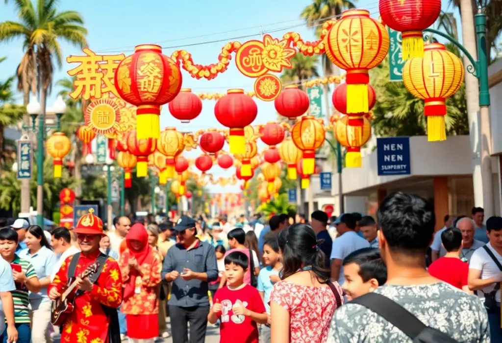 Vibrant San Diego festival celebrating Lunar New Year with performances and crowd.