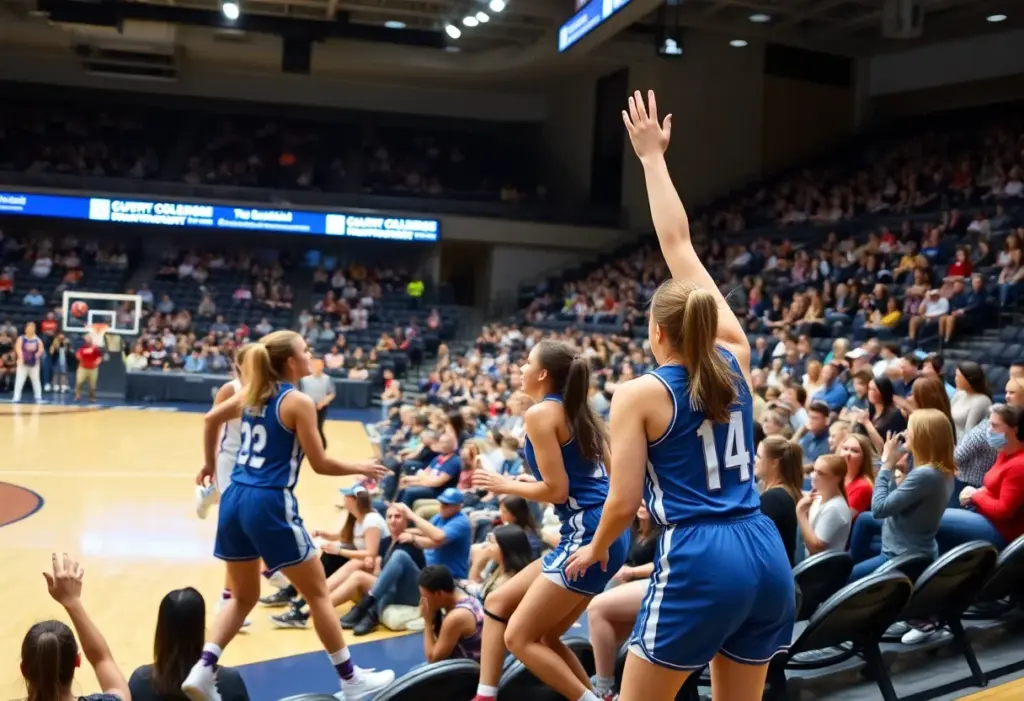Women's college basketball game with players from SDSU and UCSD in action.