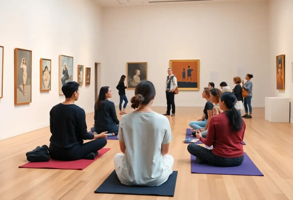 People engaging in wellness activities at a museum