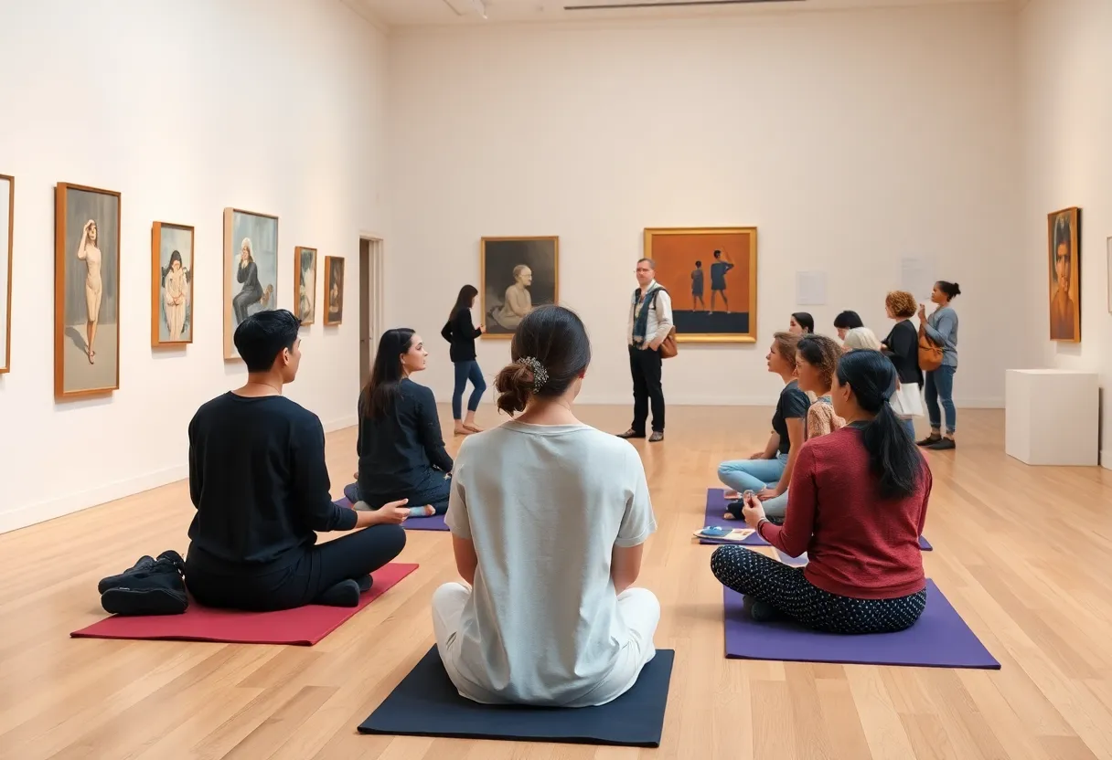 People engaging in wellness activities at a museum