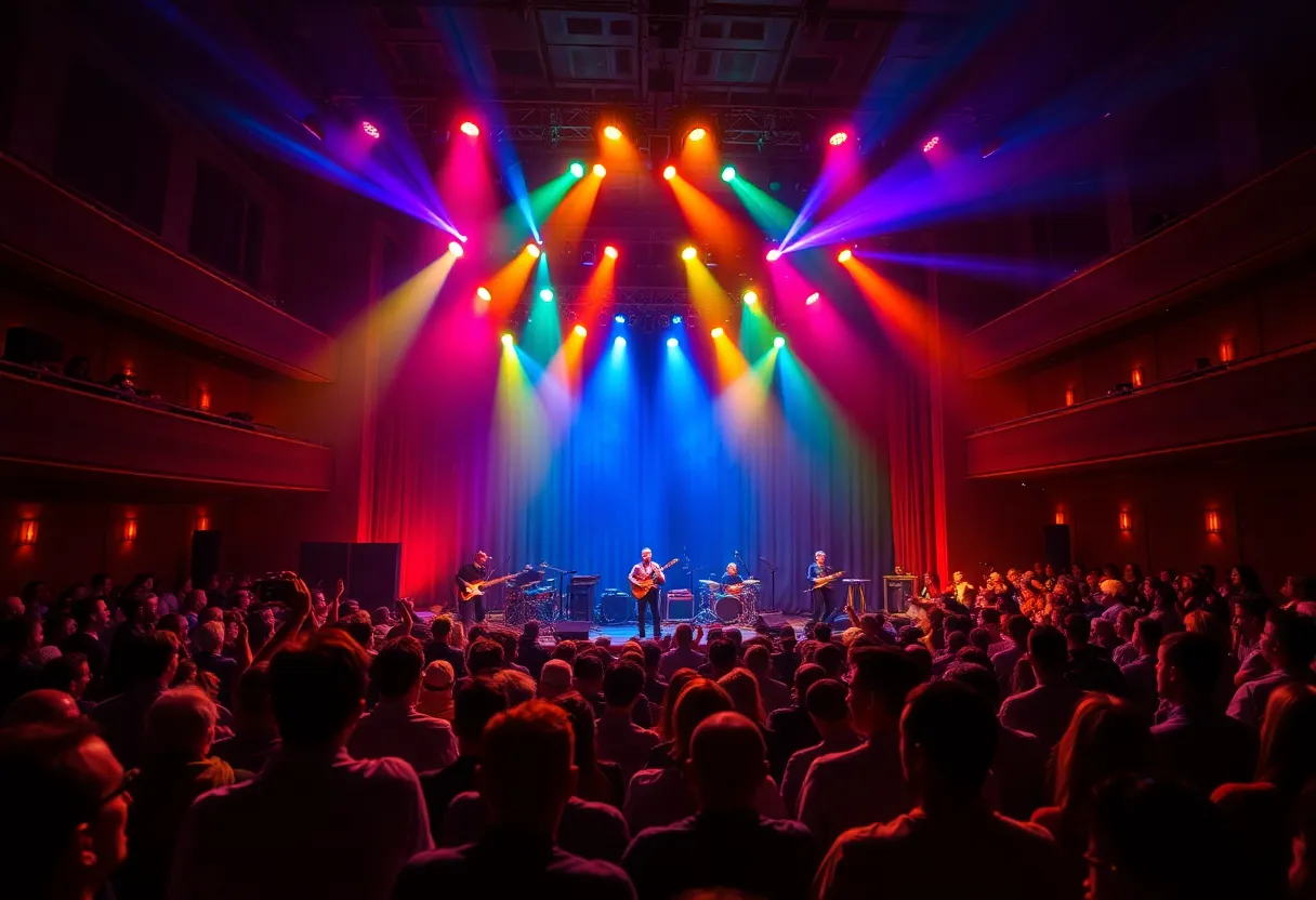 A live concert scene showcasing musicians performing on stage with an audience enjoying the show.