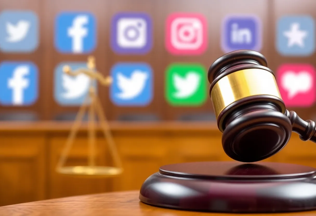 Courtroom with gavel next to social media icons symbolizing legal action.