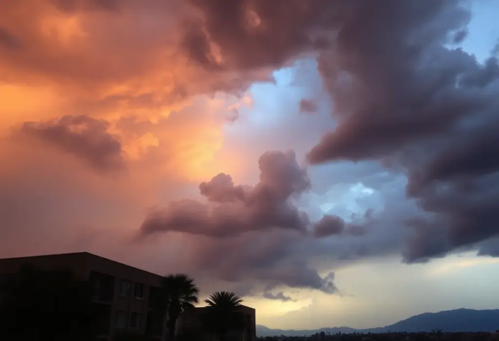 Sky over Los Angeles showing contrasting weather conditions of heat and potential rain.