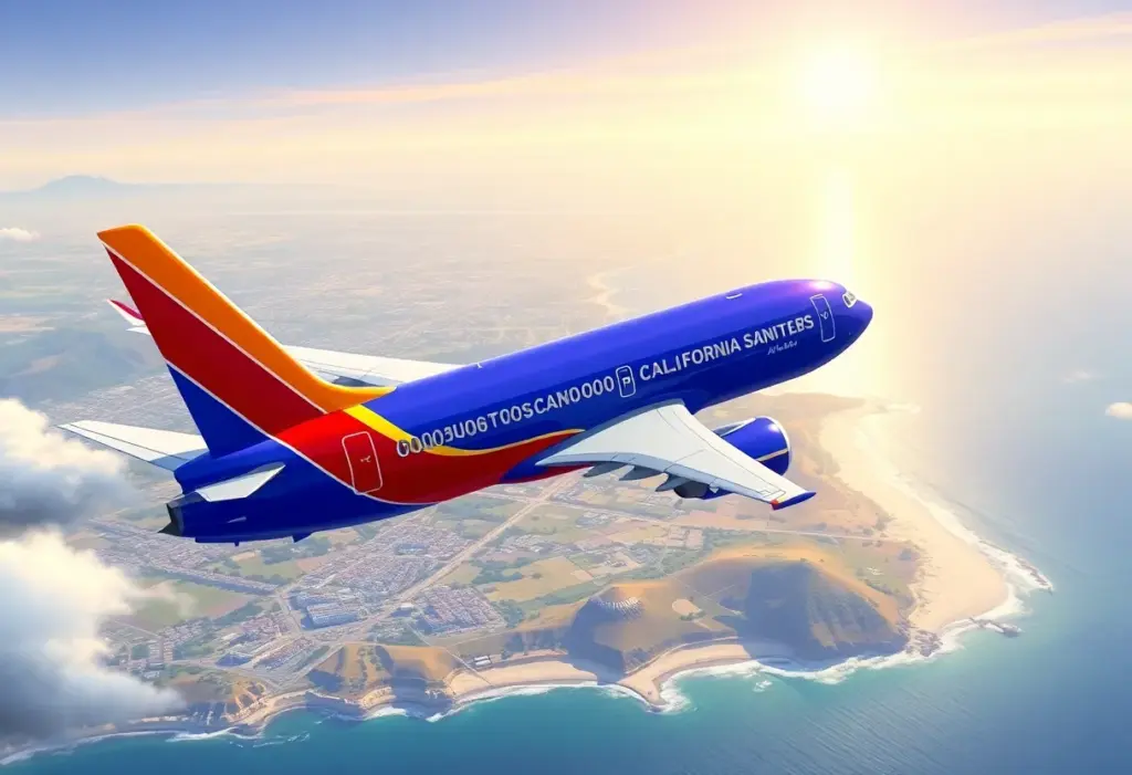 Southwest Airlines plane flying over California coastline