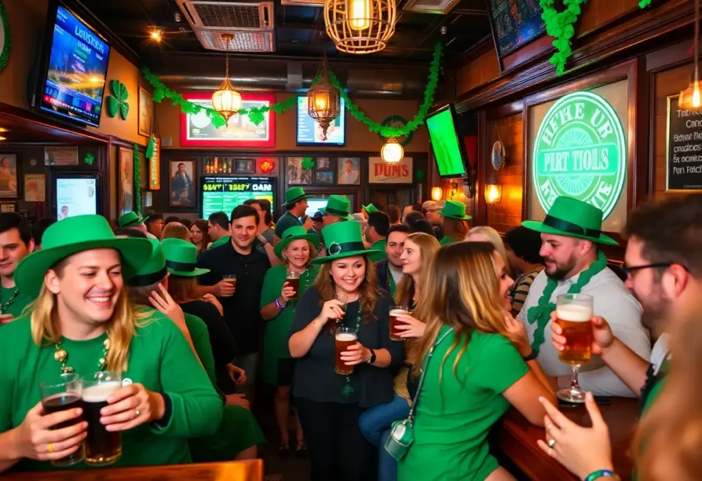 Participants celebrating St. Patrick's Day at a bar crawl in Pacific Beach with green attire and festive decorations.