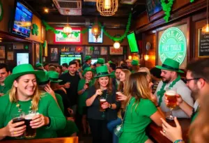 Participants celebrating St. Patrick's Day at a bar crawl in Pacific Beach with green attire and festive decorations.