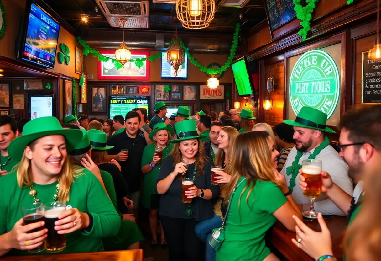 Participants celebrating St. Patrick's Day at a bar crawl in Pacific Beach with green attire and festive decorations.