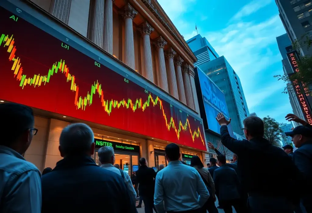 Vibrant scene of a stock market rally with graphs and investors.