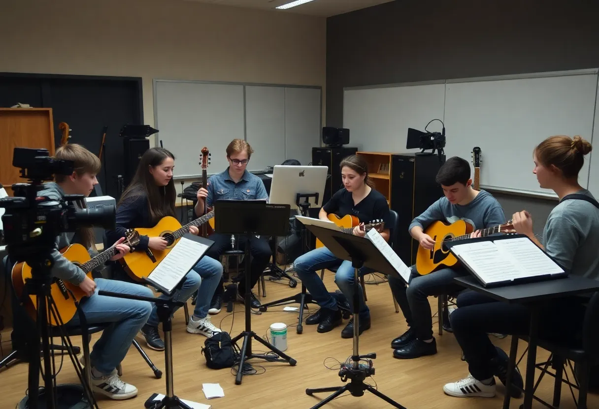 Mission Bay High School students composing music in a studio