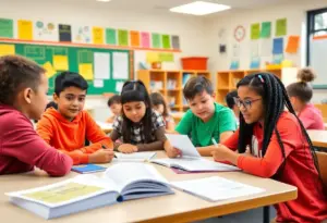 Students engaging in financial literacy education at Muirlands Middle School.