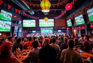 Fans enjoying a Super Bowl watch party at a San Diego venue