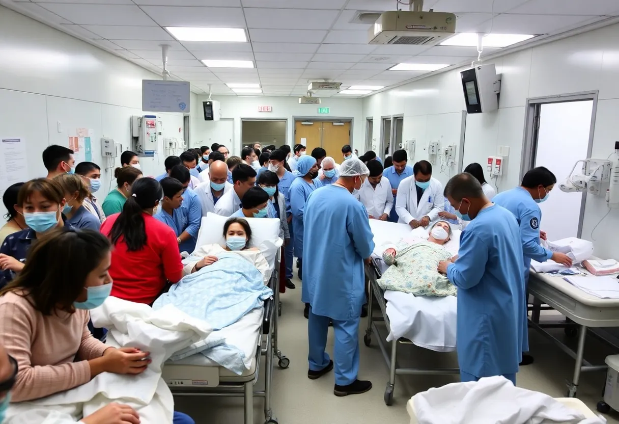 Hospital scene showing staff dealing with a surge in flu cases due to H3N2 subclade K strain.