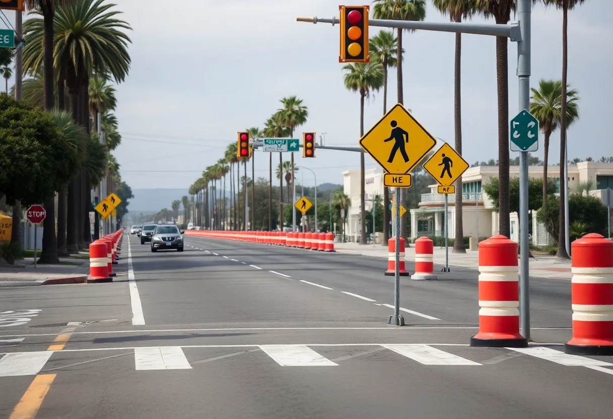 An empty street in Pacific Beach showing traffic barriers