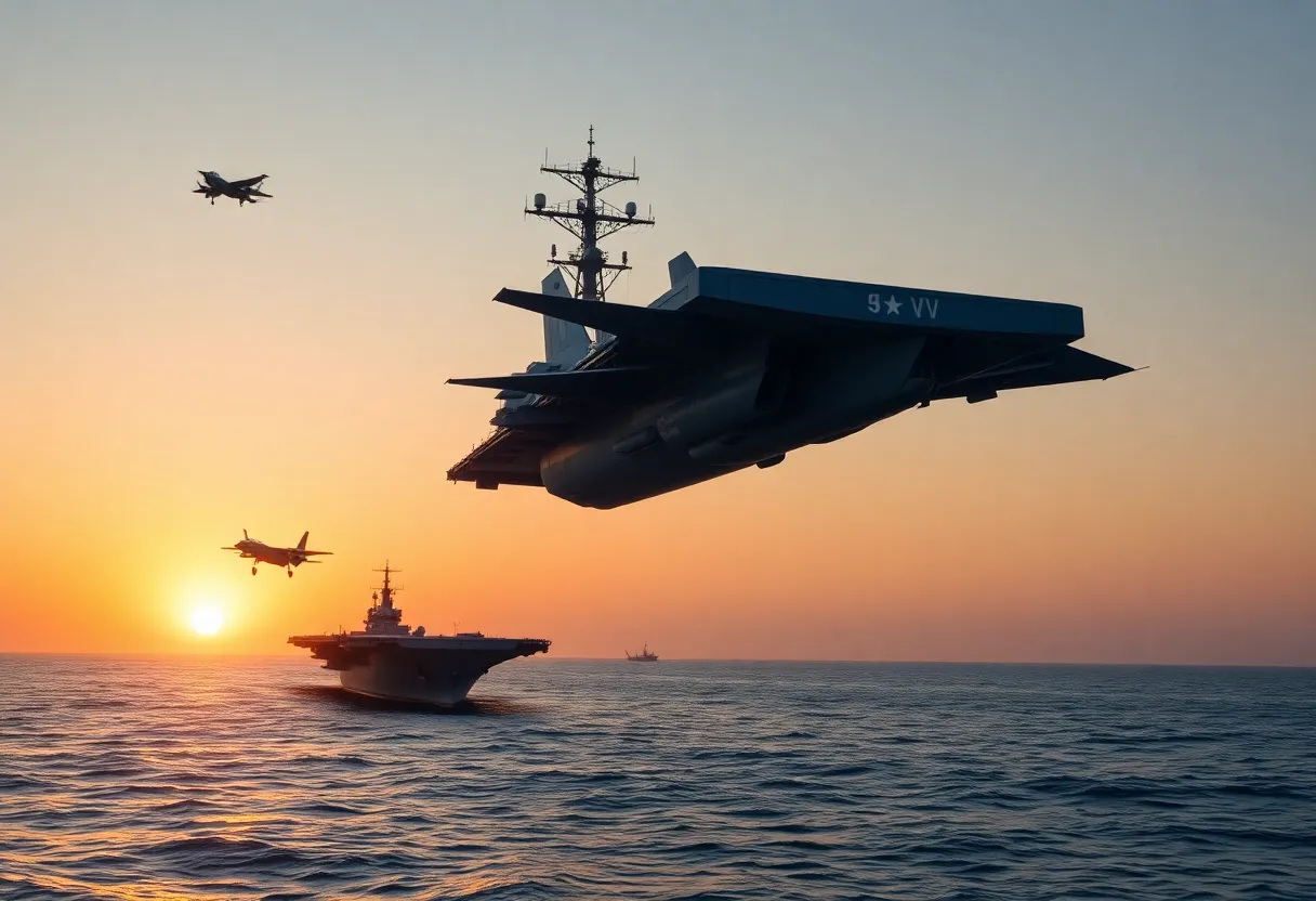 A U.S. Navy aircraft carrier with an F-35C jet and approaching drone in the Arabian Sea.