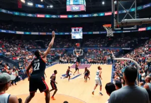 Basketball players from USD and Portland competing in the game at Jenny Craig Pavilion.