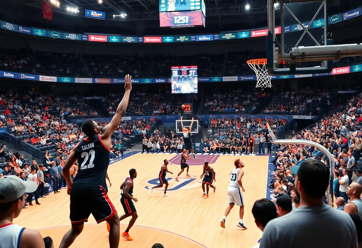 Basketball players from USD and Portland competing in the game at Jenny Craig Pavilion.