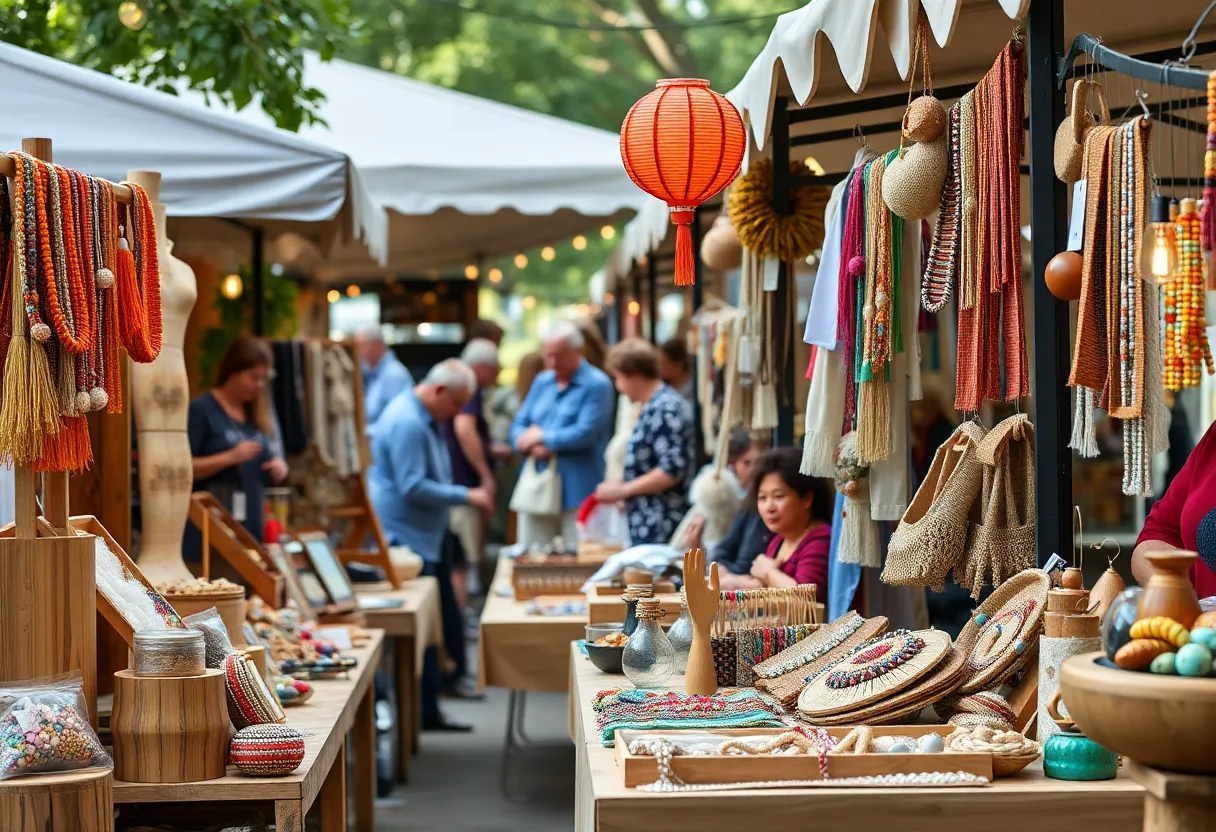 Craft market with local artisans displaying unique gifts and handmade crafts