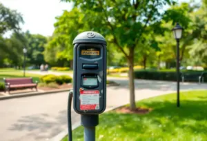 Vandalized parking meter in Balboa Park with signs of damage
