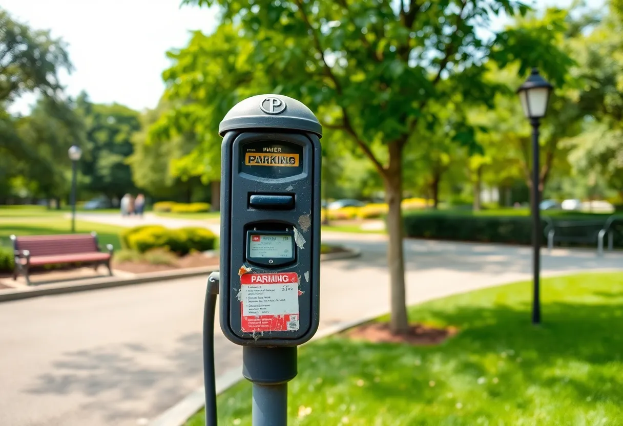 Vandalized parking meter in Balboa Park with signs of damage