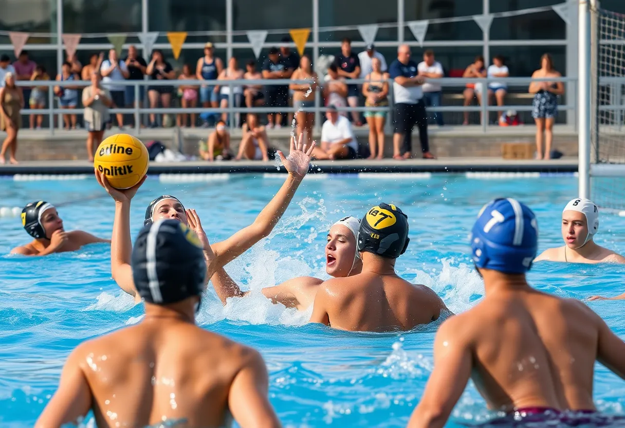 Water polo players competing at Canyonview Aquatic Center in La Jolla, California.
