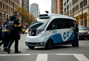Waymo autonomous vehicle in a community setting with first responders.